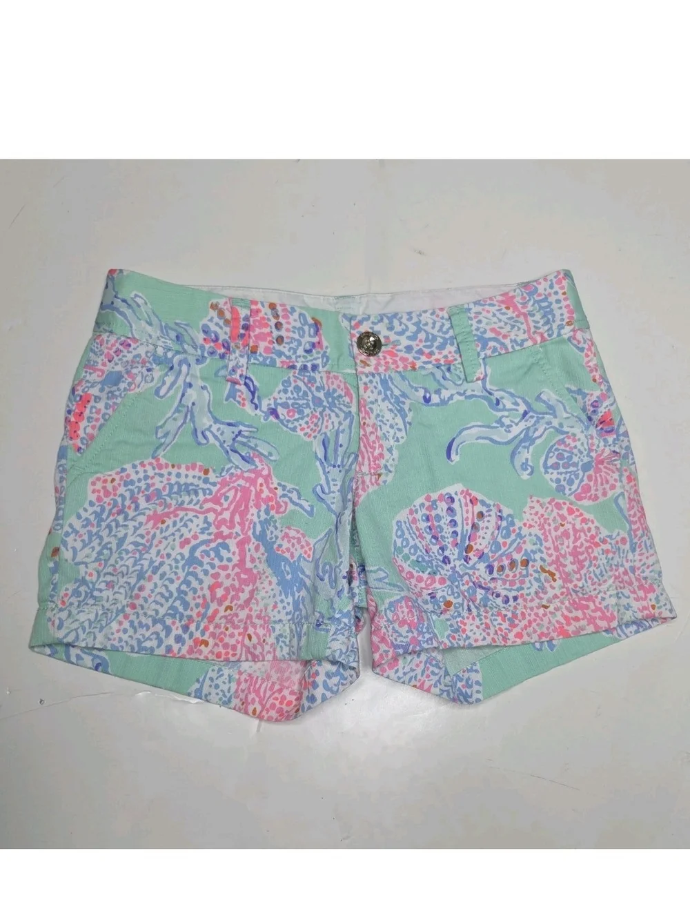 Lilly Pulitzer Callahan Shorts 00 Green Pink Sea Life Marine Preppy Resortwear